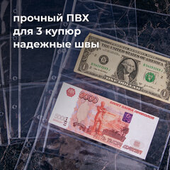 Листы-вкладыши для денежных купюр для альбома &laquo;Оптима&raquo; М9-05, комплект 5 шт., 200&times;250 мм, 3 кармана, ЛМБ-03