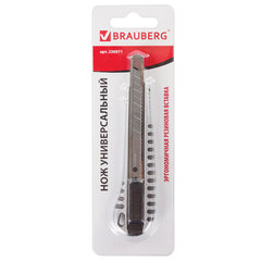 Нож универсальный 9 мм BRAUBERG &laquo;Metallic&raquo;, металлический корпус (рифленый), автофиксатор, блистер, 236971