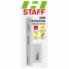 Нож макетный (скальпель) STAFF, 11 лезвий в комплекте, металлический корпус, блистер, 238257