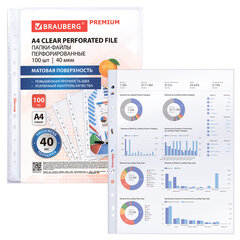 Папки-файлы перфорированные А4 BRAUBERG &laquo;PREMIUM&raquo;, КОМПЛЕКТ 100 шт., матовые, 40 мкм, 273008