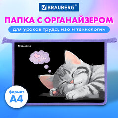 Папка для труда на молнии BRAUBERG А4, 2 отделения, органайзер, &laquo;Sleeping kitten&raquo;, 273401