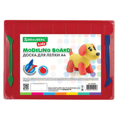 Доска для лепки А4, 280&times;200 мм, BRAUBERG KIDS, красная, 7 отделений для пластилина, 2 стека, 274257