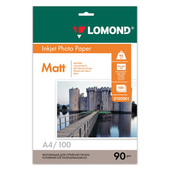 Фотобумага матовая, A4, 90 г/<wbr/>м<sup>2</sup>, односторонняя, 100 листов, LOMOND, 0102001