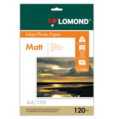Фотобумага матовая, А4, 120 г/<wbr/>м<sup>2</sup>, односторонняя, 100 листов, LOMOND, 0102003