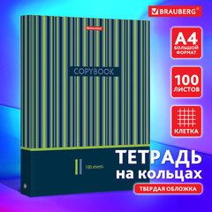 Тетрадь на кольцах БОЛЬШАЯ А4, 225&times;300 мм, 100 листов, твердый картон, клетка, BRAUBERG, &laquo;Полосы&raquo;, 403273