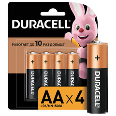 Батарейки КОМПЛЕКТ 4 шт., DURACELL Basic ОРИГИНАЛ, AA (LR6, 15А), алкалиновые, пальчиковые