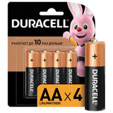 Батарейки КОМПЛЕКТ 4 шт., DURACELL Basic ОРИГИНАЛ, AA (LR6, 15А), алкалиновые, пальчиковые