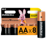 Батарейки КОМПЛЕКТ 8 шт., DURACELL Basic ОРИГИНАЛ, AA (LR6, 15А), алкалиновые, пальчиковые
