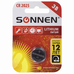 Батарейка литиевая SONNEN Lithium CR2025 &laquo;таблетка, дисковая, кнопочная&raquo; 1 шт., блистер, 451973