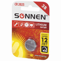 Батарейка литиевая SONNEN Lithium CR2025 &laquo;таблетка, дисковая, кнопочная&raquo; 1 шт., блистер, 451973