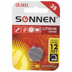 Батарейка литиевая SONNEN Lithium CR2032 &laquo;таблетка, дисковая, кнопочная&raquo; 1 шт., блистер, 451974