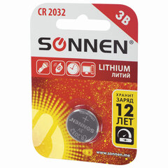 Батарейка литиевая SONNEN Lithium CR2032 &laquo;таблетка, дисковая, кнопочная&raquo; 1 шт., блистер, 451974