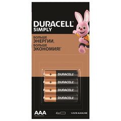 Батарейки КОМПЛЕКТ 4 шт. (отрывной блок), DURACELL Simply ОРИГИНАЛ, AAA (LR03,24А), алкалиновые, мизинчиковые