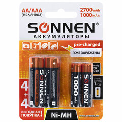 Батарейки аккумуляторные Ni-Mh пальчиковые / мизинчиковые НАБОР 8 шт. (AA+ААА) 2700/<wbr/>1000 mAh, SONNEN, 455612