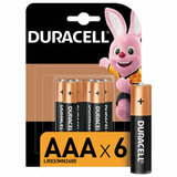 Батарейки КОМПЛЕКТ 6 шт., DURACELL Basic ОРИГИНАЛ, ААА (LR03, 24А), алкалиновые, мизинчиковые