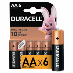 Батарейки КОМПЛЕКТ 6 шт., DURACELL Basic ОРИГИНАЛ, АА (LR6,15А), алкалиновые, пальчиковые