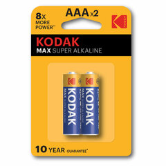 Батарейки алкалиновые &laquo;мизинчиковые&raquo; КОМПЛЕКТ 2 шт., KODAK Max Super Alkaline, ААА (LR03, 15А), блистер