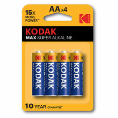 Батарейки алкалиновые &laquo;пальчиковые&raquo; КОМПЛЕКТ 4 шт., KODAK Max Super Alkaline, АА (LR6, 24А), блистер