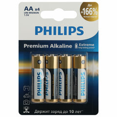 Батарейки алкалиновые &laquo;пальчиковые&raquo; КОМПЛЕКТ 4 шт., PHILIPS Premium Alkaline, АА (LR6, 24А), блистер