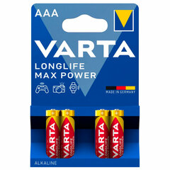 Батарейки алкалиновые &laquo;мизинчиковые&raquo; КОМПЛЕКТ 4 шт., VARTA LONGLIFE MAX POWER, ААА (LR03,15А), блистер