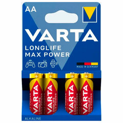 Батарейки алкалиновые &laquo;пальчиковые&raquo; КОМПЛЕКТ 4 шт., VARTA LONGLIFE MAX POWER, АА (LR6, 24А), блистер