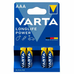 Батарейки алкалиновые &laquo;мизинчиковые&raquo; КОМПЛЕКТ 4 шт., VARTA LONGLIFE POWER, ААА (LR03, 15А), блистер