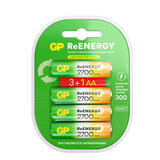Батарейки аккумуляторные GP ReEnergy Ni-Mh КОМПЛЕКТ 4 шт. (ПРОМО 3+1), АА (HR6), 2600 mAh, 270AAHC3/1RGY