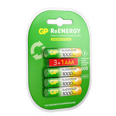 Батарейки аккумуляторные GP ReEnergy Ni-Mh КОМПЛЕКТ 4 шт. (ПРОМО 3+1), ААА (HR03), 950 mAh, 100AAAHC3/<wbr/>1RGY