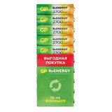 Батарейки аккумуляторные GP ReEnergy Ni-Mh пальчиковые КОМПЛЕКТ 10 шт., АА (HR6), 2600 mAh, 270AAHCRGY