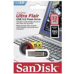Флеш-диск 32 GB, SANDISK Ultra Flair, USB 3.0, металлический корпус, серебристый/<wbr/>черный, SDCZ73-032G-G46