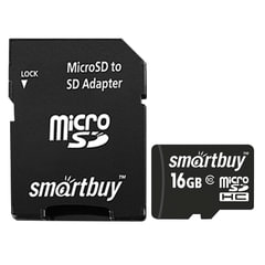 Карта памяти microSDHC, 16 GB, SMARTBUY, 10 Мб/<wbr/>сек. (class 10), с адаптером, SB16GBSDCL10-01