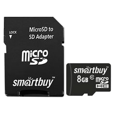Карта памяти micro SDHC, 8 GB, SMARTBUY, 10 Мб/<wbr/>сек. (class 10), с адаптером, SB8GBSDCL10-01
