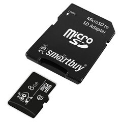 Карта памяти micro SDHC, 8 GB, SMARTBUY, 10 Мб/<wbr/>сек. (class 10), с адаптером, SB8GBSDCL10-01