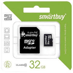 Карта памяти micro SDHC, 32 GB, SMARTBUY, 10 Мб/<wbr/>сек. (class 10), с адаптером, SB32GBSDCL10-01