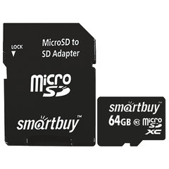 Карта памяти micro SDXC, 64 GB, SMARTBUY, 10 Мб/<wbr/>сек. (class 10), с адаптером, SB64GBSDCL10-01