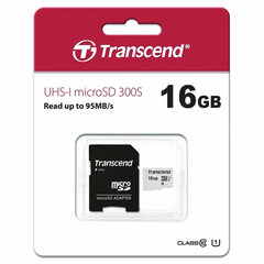 Карта памяти microSDHC 16 GB TRANSCEND UHS-I U1, 95 Мб/<wbr/>сек (class 10), адаптер, TS16GUSD300S-A