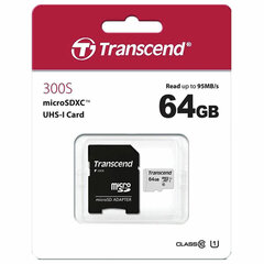 Карта памяти microSDXC 64 GB TRANSCEND UHS-I U1, 95 Мб/<wbr/>сек (class 10), адаптер, TS64GUSD300S-A