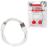 Кабель USB2.0 – Lightning, 1 м, SONNEN, медь, для передачи данных и зарядки, белый, 513559