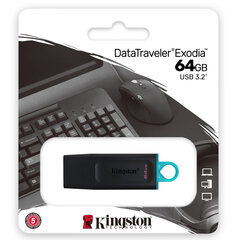 Флеш-диск 64 GB KINGSTON DataTraveler Exodia, разъем USB 3.2, черный/<wbr/>бирюзовый, DTX/<wbr/>64GB