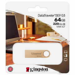 Флеш-диск 64 GB, KINGSTON DataTraveler SE9 G3 USB 3.2, металлический корпус, золотой, DTSE9G3/<wbr/>64GB