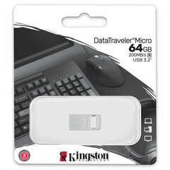 Флеш-диск 64 GB, KINGSTON DataTraveler Micro USB 3.2, металлический корпус, серебристый, DTMC3G2/<wbr/>64GB