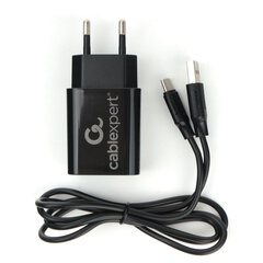Зарядное устройство CABLEXPERT 12 Вт, 2.4 А, 2 х USB, кабель Type-C, 1 м, черный, коробка-блистер