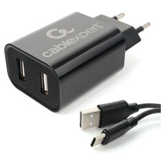Зарядное устройство CABLEXPERT 12 Вт, 2.4 А, 2 х USB, кабель Type-C, 1 м, черный, коробка-блистер