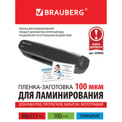 Пленки-заготовки для ламинирования МАЛОГО ФОРМАТА (80&times;111 мм), КОМПЛЕКТ 100 шт., 100 мкм, BRAUBERG, 530902