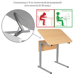 Стол-парта 1-местный, регулируемый угол, СУТ.54-01, 600&times;500&times;640-780 мм, рост 4-6, серый каркас, ЛДСП клён