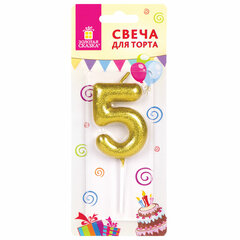 Свеча-цифра для торта &laquo;5&raquo; золотая с глиттером, 6 см, ЗОЛОТАЯ СКАЗКА, на шпажке, в блистере, 591418