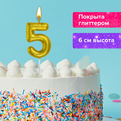 Свеча-цифра для торта &laquo;5&raquo; золотая с глиттером, 6 см, ЗОЛОТАЯ СКАЗКА, на шпажке, в блистере, 591418
