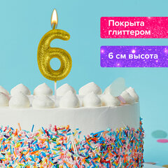 Свеча-цифра для торта &laquo;6&raquo; золотая с глиттером, 6 см, ЗОЛОТАЯ СКАЗКА, на шпажке, в блистере, 591419