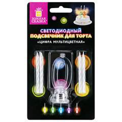 Цифра-подсвечник &laquo;0&raquo; светодиодная, ЗОЛОТАЯ СКАЗКА, в наборе 4 свечи 6 см, 1 батарейка, 591423
