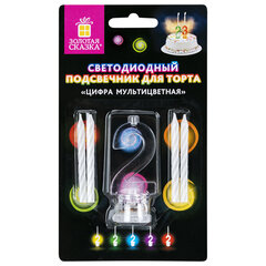 Цифра-подсвечник &laquo;2&raquo; светодиодная, ЗОЛОТАЯ СКАЗКА, в наборе 4 свечи 6 см, 1 батарейка, 591425